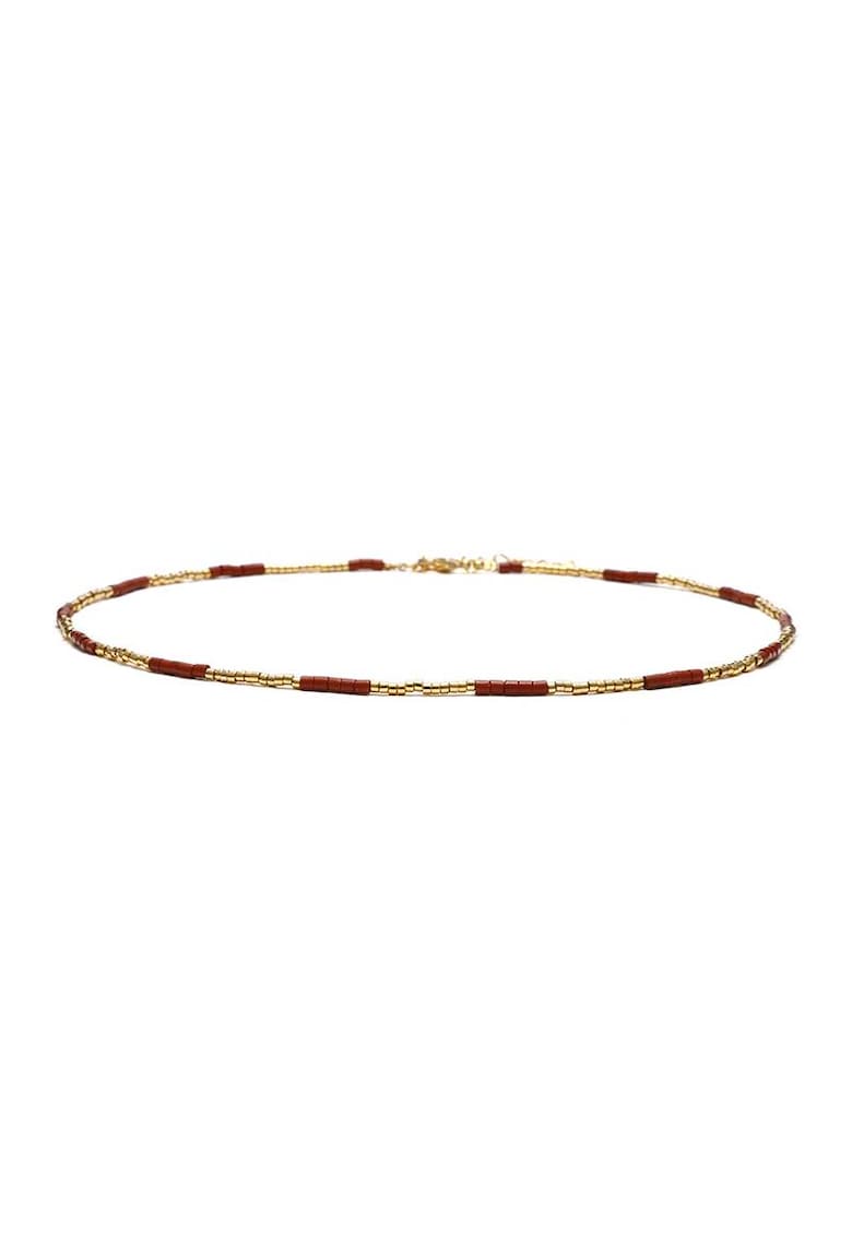 Colier choker placat cu aur 18 K - cu pietre naturale African si Sunstone Miyuki Seed - elegant Vania - 35 cu - Rosu/Auriu