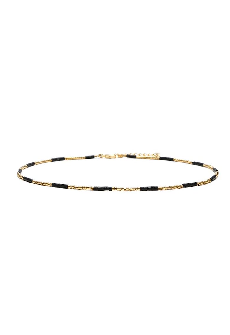 Colier choker placat cu aur 18 K - cu pietre naturale African si Sunstone Miyuki Seed - elegant Vania - 35 cu 4cm - Auriu/Negru
