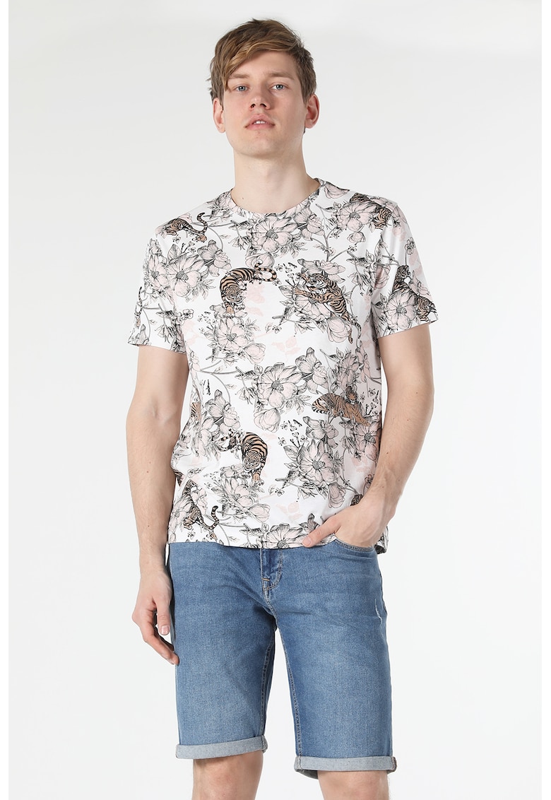 Tricou cu decolteu la baza gatului si imprimeu cu tigri - Alb/Negru/Maro camel