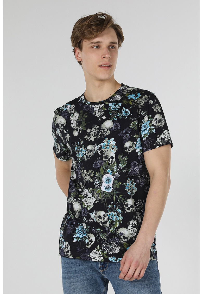 Tricou cu decolteu la baza gatului si imprimeu grafic - Verde/Negru/Albastru