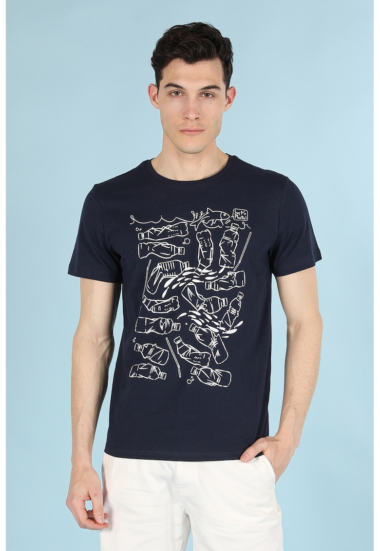 Tricou cu decolteu la baza gatului si imprimeu grafic - Crem/Bleumarin