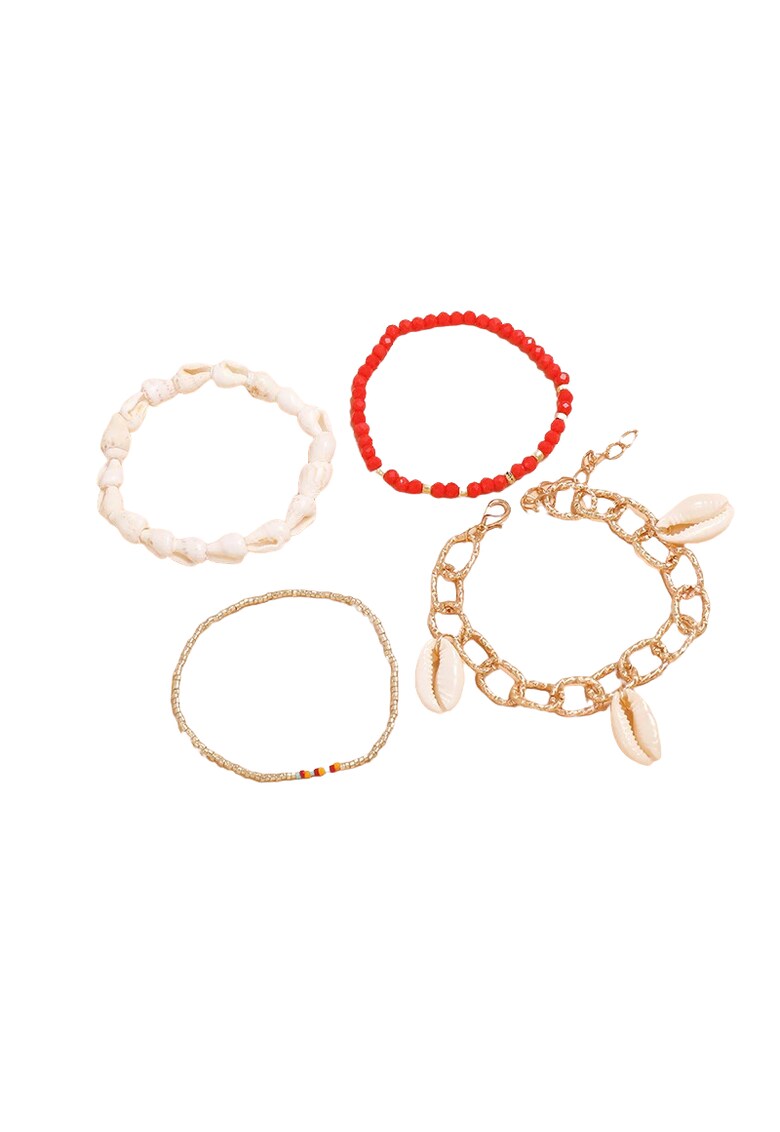 Set 4 bratari aurii - cu scoici si margelute rosii - Nuria C8 -