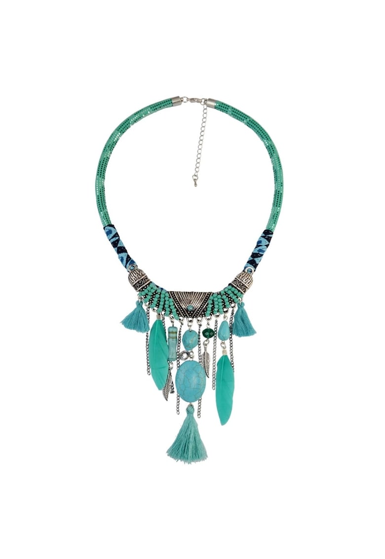 Colier turquoise - stil hippie - cu ciucuri si lanturi argintii - Permine C13 -