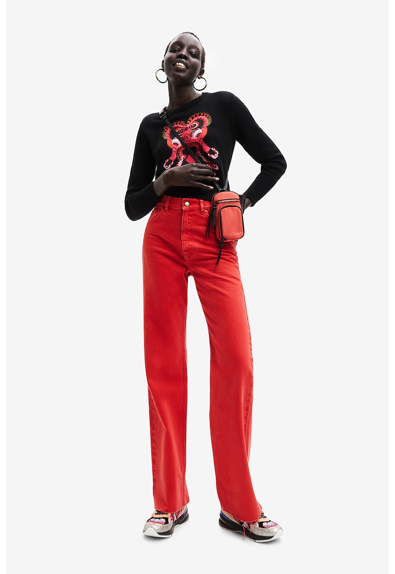 Pulover din amestec de lana cu detaliu cu broderie - Rosu/Negru