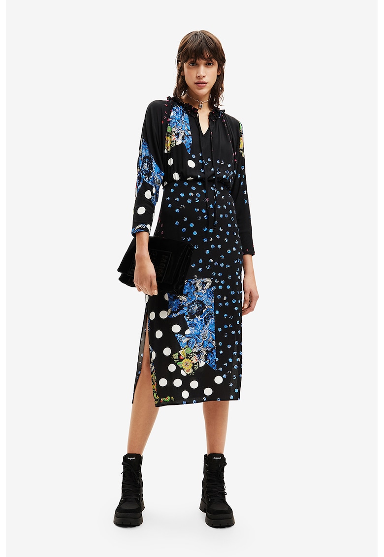 Rochie cu imprimeu si slituri laterale - Negru/Albastru