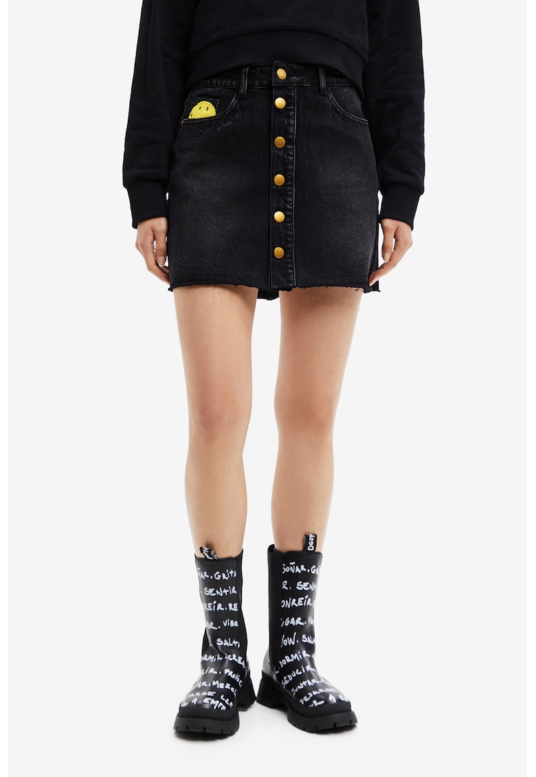 Fusta de denim cu detalii contrastante - Negru