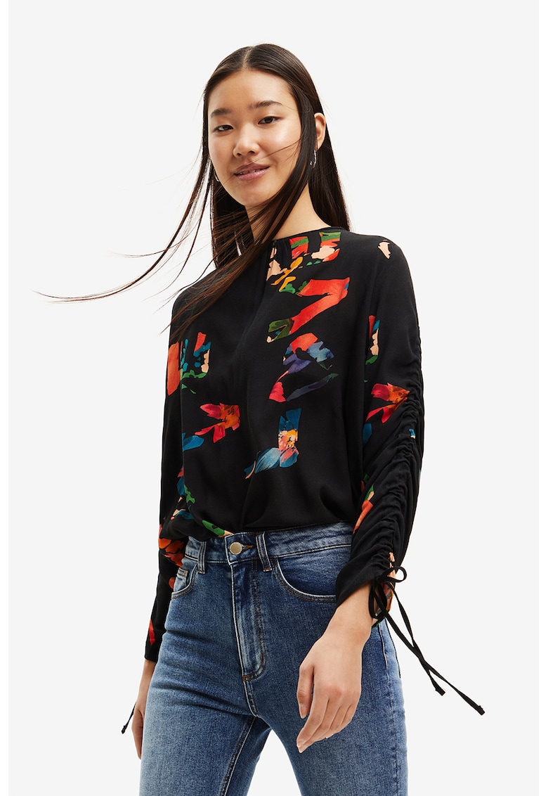 Bluza cu text si decolteu rotund - Negru/Portocaliu mandarina