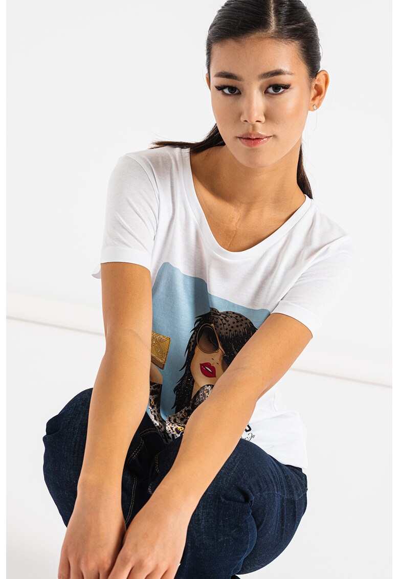Tricou din bumbac cu imprimeu si aplicatii cu strasuri Moda Liu Jo Reduceri si Transport Gratuit fashiondays.ro imagine noua