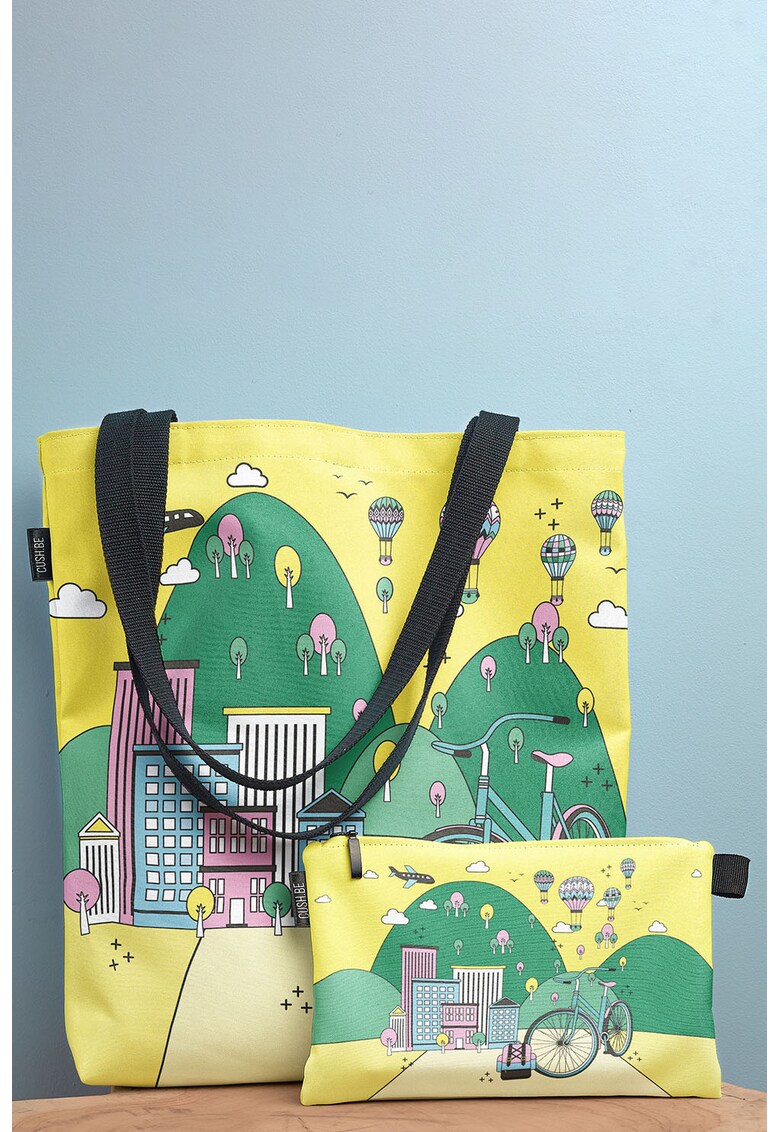 Geanta tote din panza cu imprimeu si etui interior detasabil