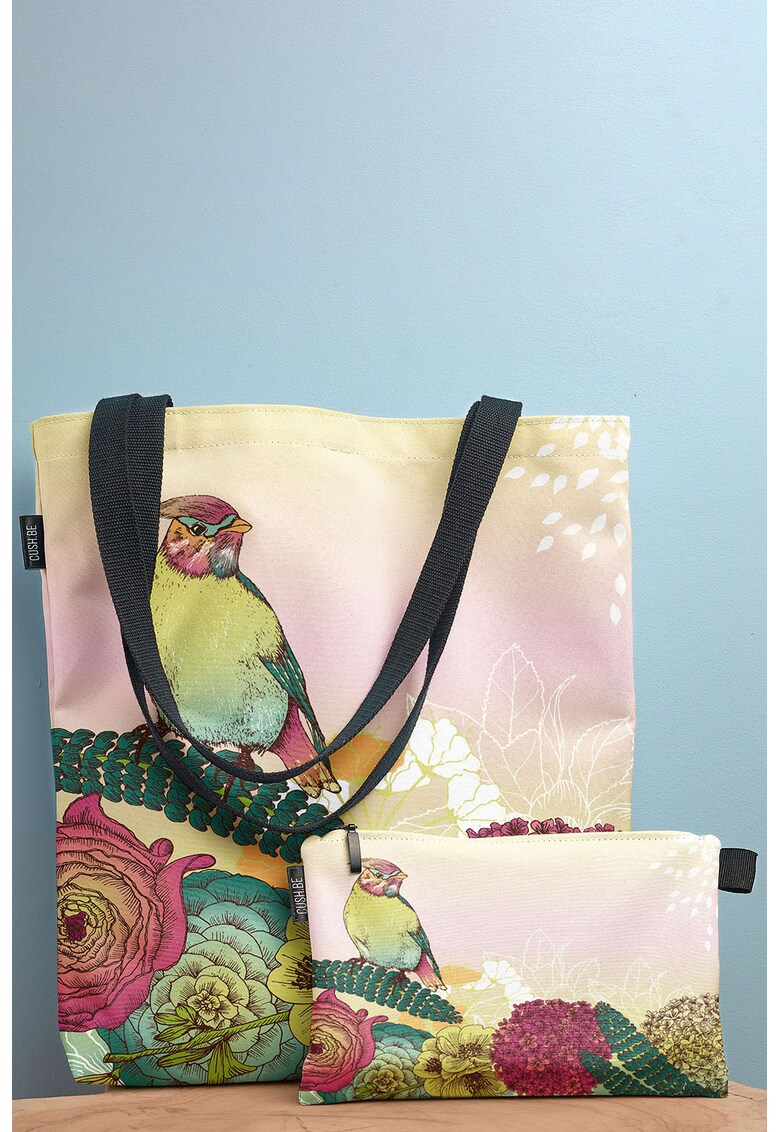 Geanta tote cu imprimeu floral si pasare