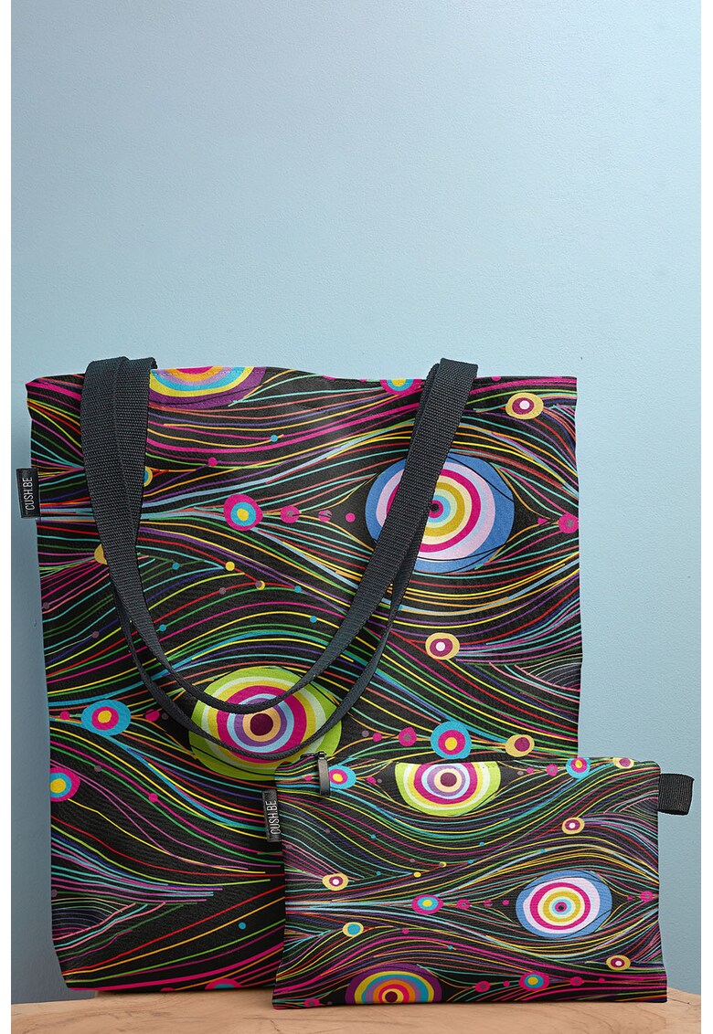Geanta tote din panza cu model si etui