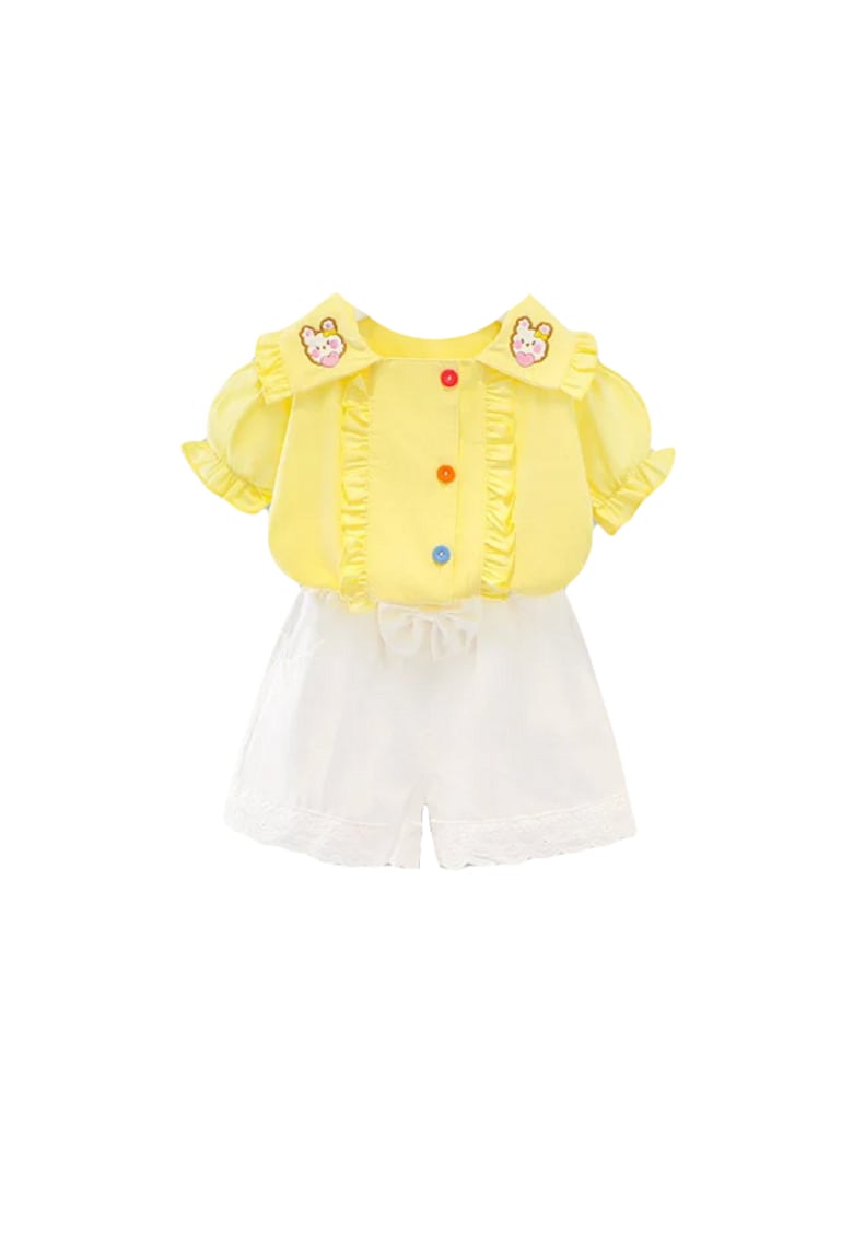 Costumas Cu Bluzita Si Pantalonasi Scurti - Bumbac - Fete - Maneca scurta - Alb/Galben