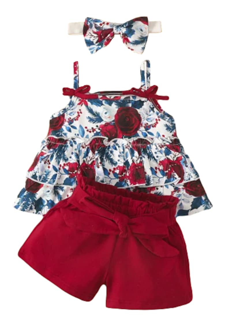 Costumas Cu Bluzita Cu Volane - Bentita Si Pantalonasi Scurti Visinii - Fete - Multicolor