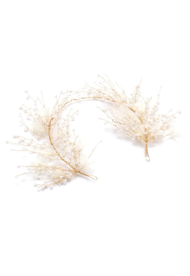 Accesoriu de par - auriu - cu flori albe si margelute - Rovena C6 -