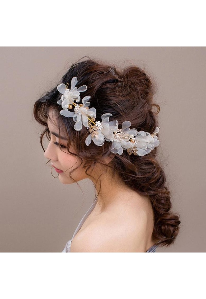 Accesoriu de par - auriu - modelator - cu flori albe - Roselina C6 -