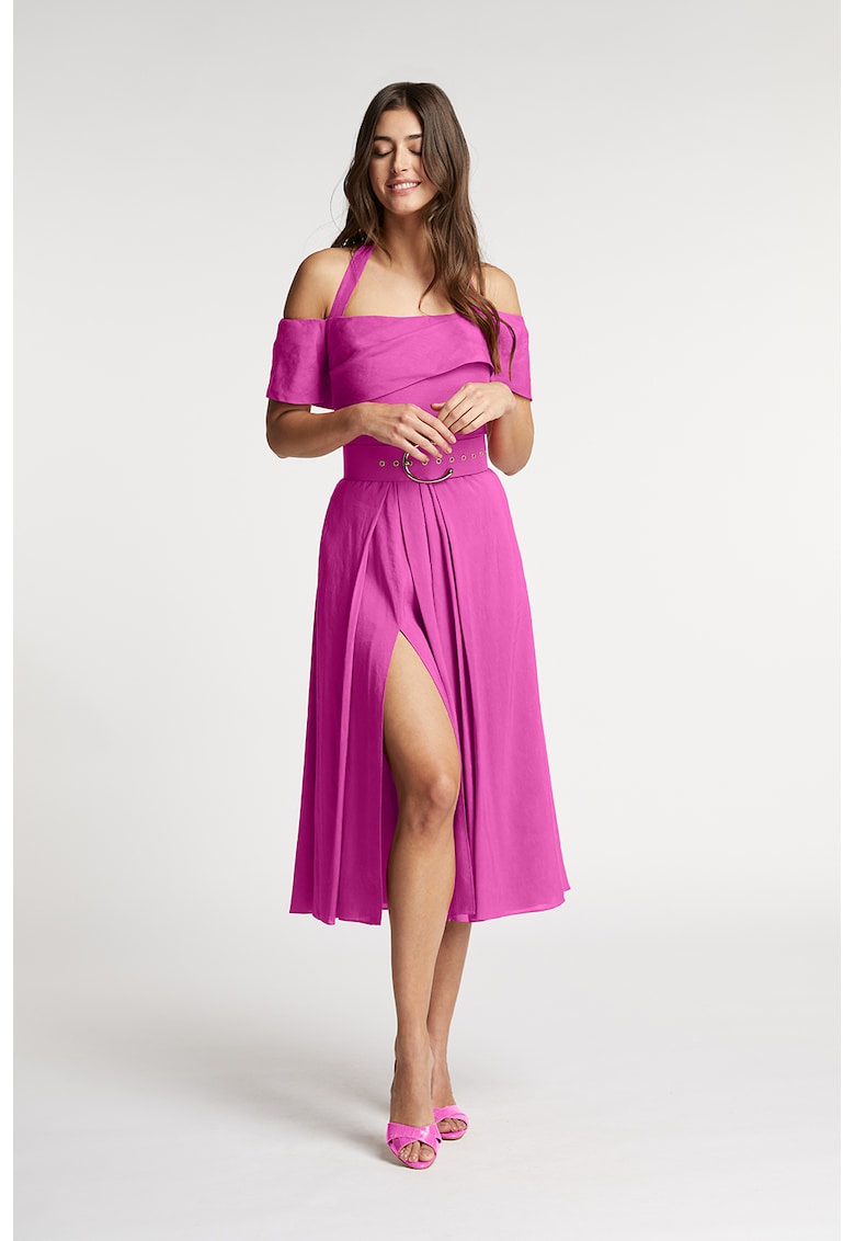 Rochie evazata din amestec de in cu slit lateral adanc Chimera