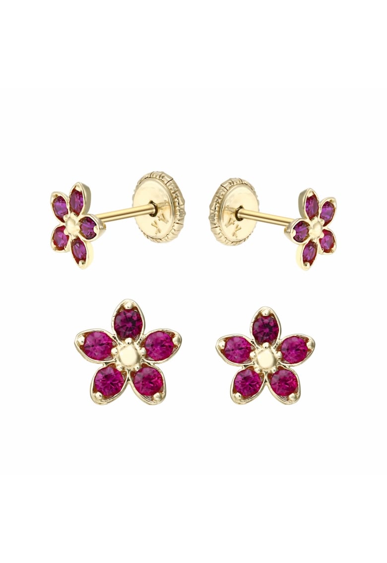 Set doua perechi cercei aur galben - floricele rosii - dimensiuni adult si copil