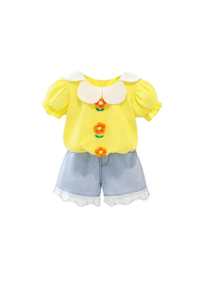 Costum Cu Bluzita Galbena Si Pantalonasi Din Blugi - Floricele - Fete - Maneca scurta - Multicolor