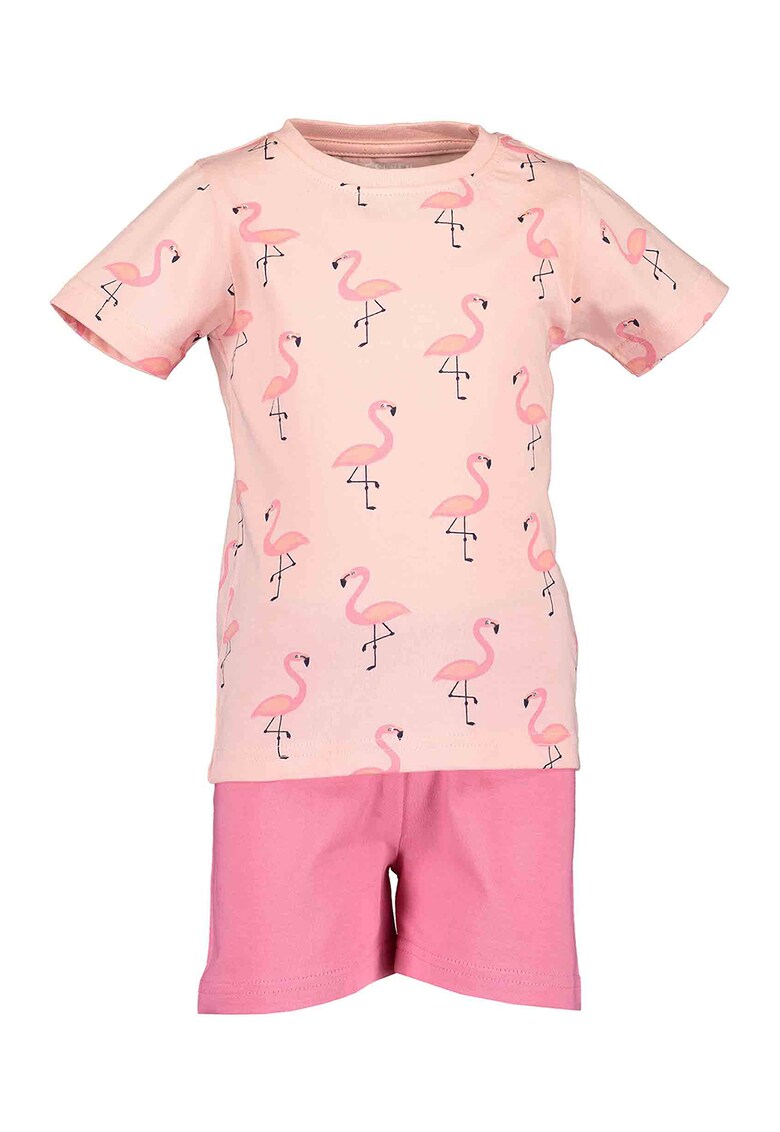 Pijama de bumbac cu maneci scurte si model flamingo