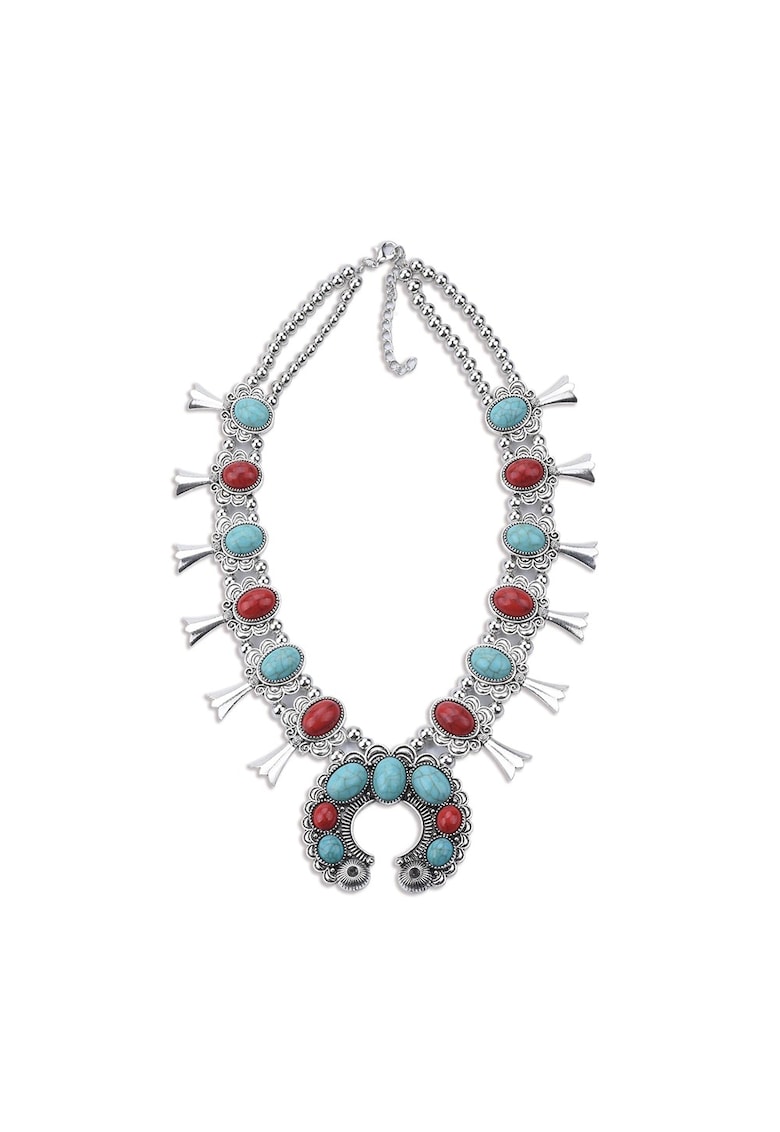 Colier argintiu - stil boho - cu pietre turquoise si rosii - Roxanna C6 -