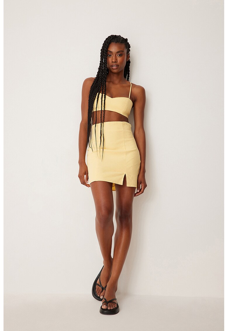 Top crop din amestec de in cu bretele ajustabile