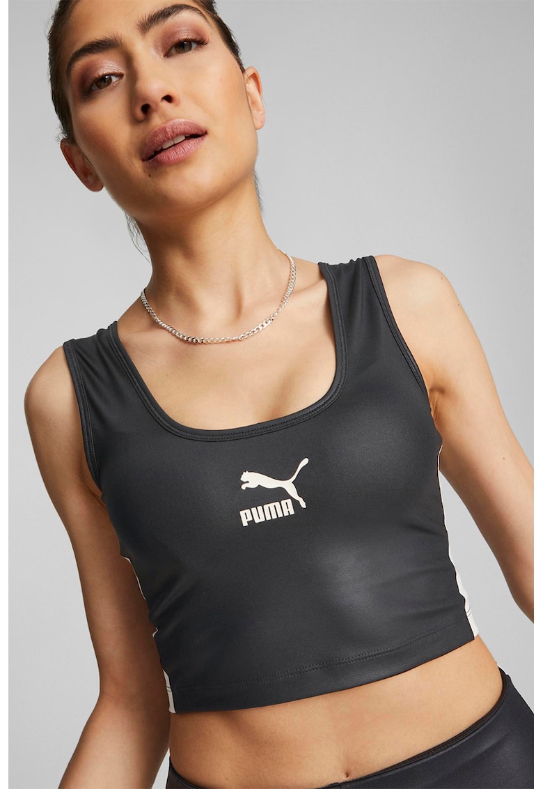 Top crop cu logo T7 - Alb/Negru