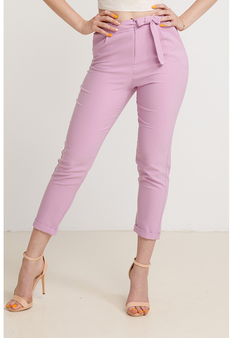 Pantaloni crop cu talie inalta si funda
