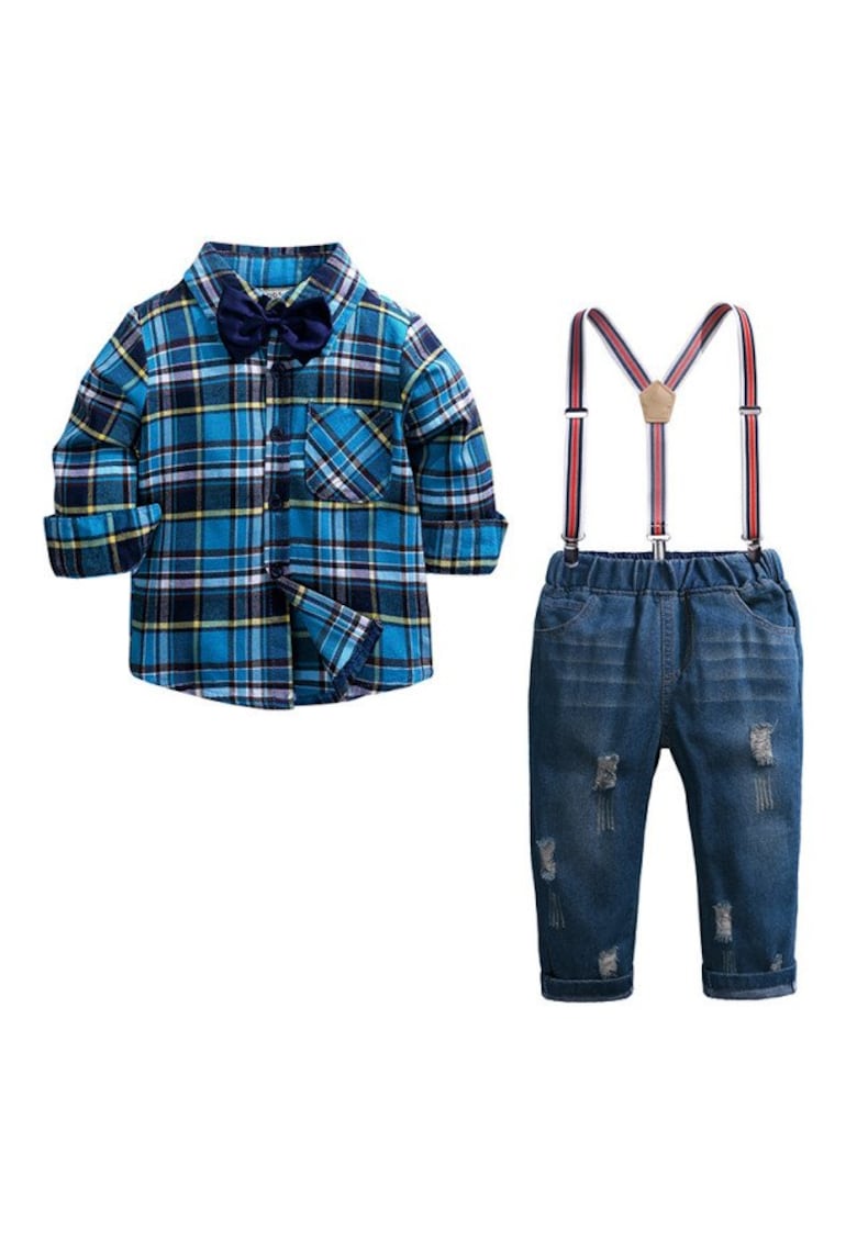 Costum Cu Blugi - Camasa In Carouri Albastre - Papion si Bretele - Baieti - Maneca lunga - Multicolor