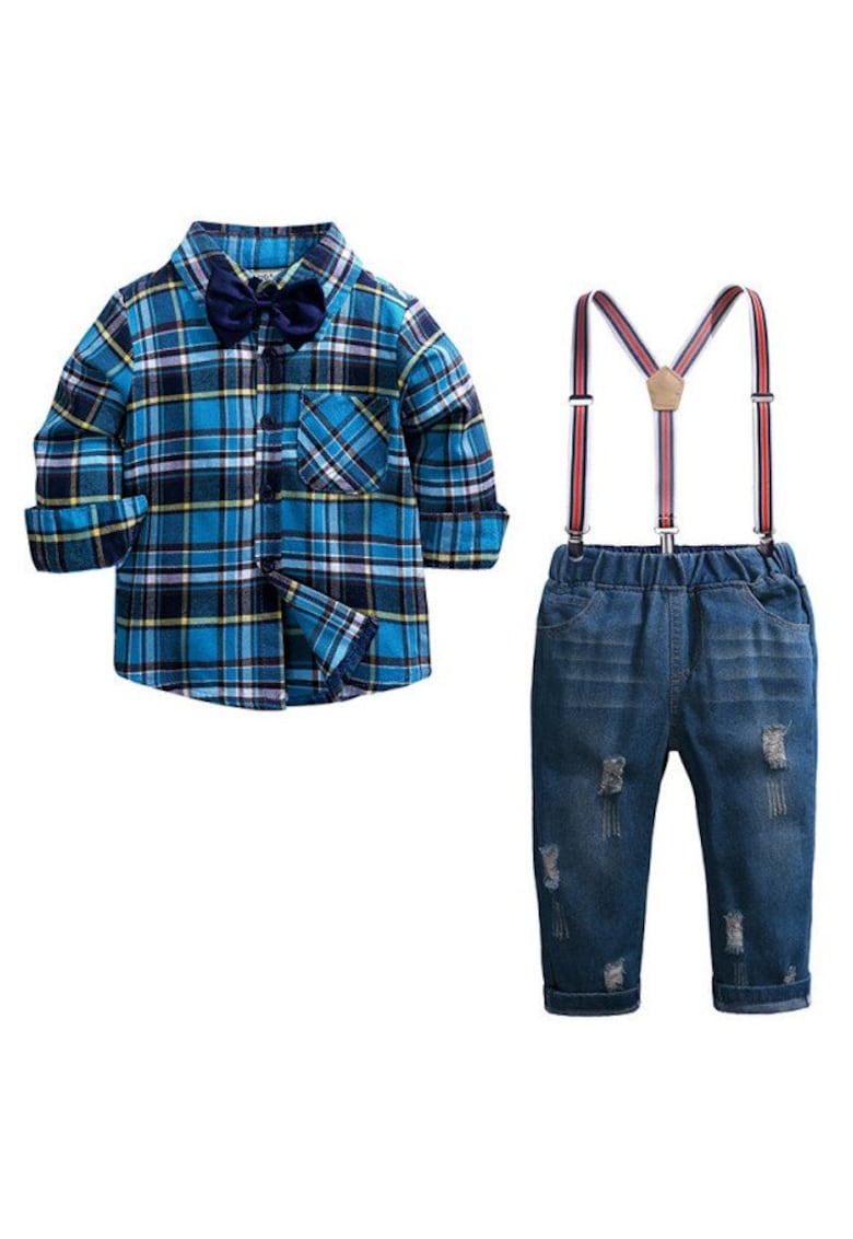 Costum Cu Blugi - Camasa In Carouri Albastre - Papion si Bretele - Baieti - Maneca lunga - Multicolor