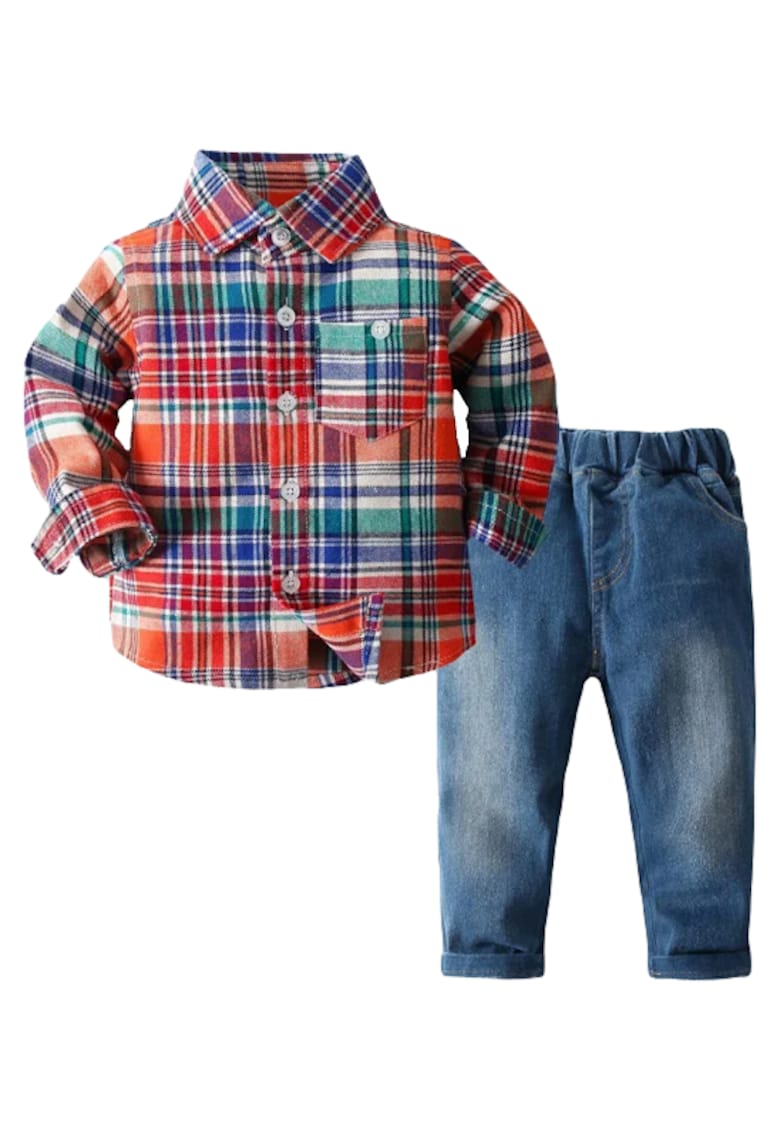 Costum Cu Blugi Si Camasa In Carouri - Baieti - Maneca lunga - Multicolor