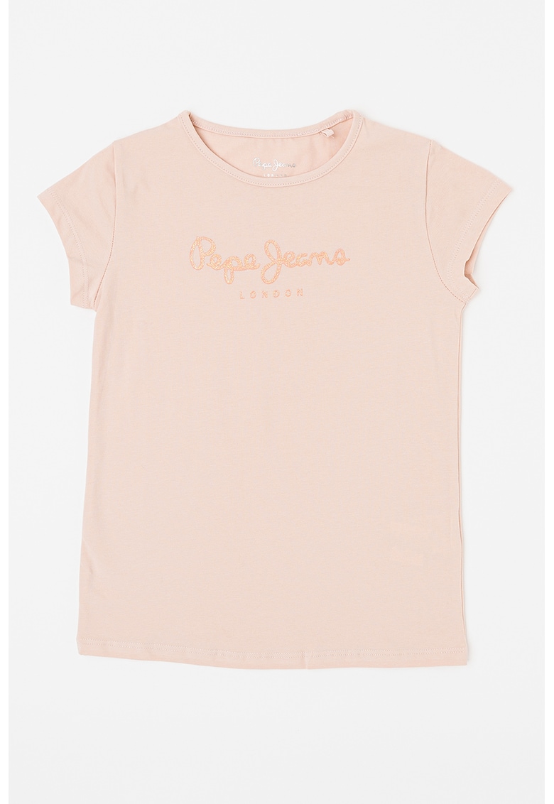 Tricou cu imprimeu logo stralucitor Hana - Roz pastel
