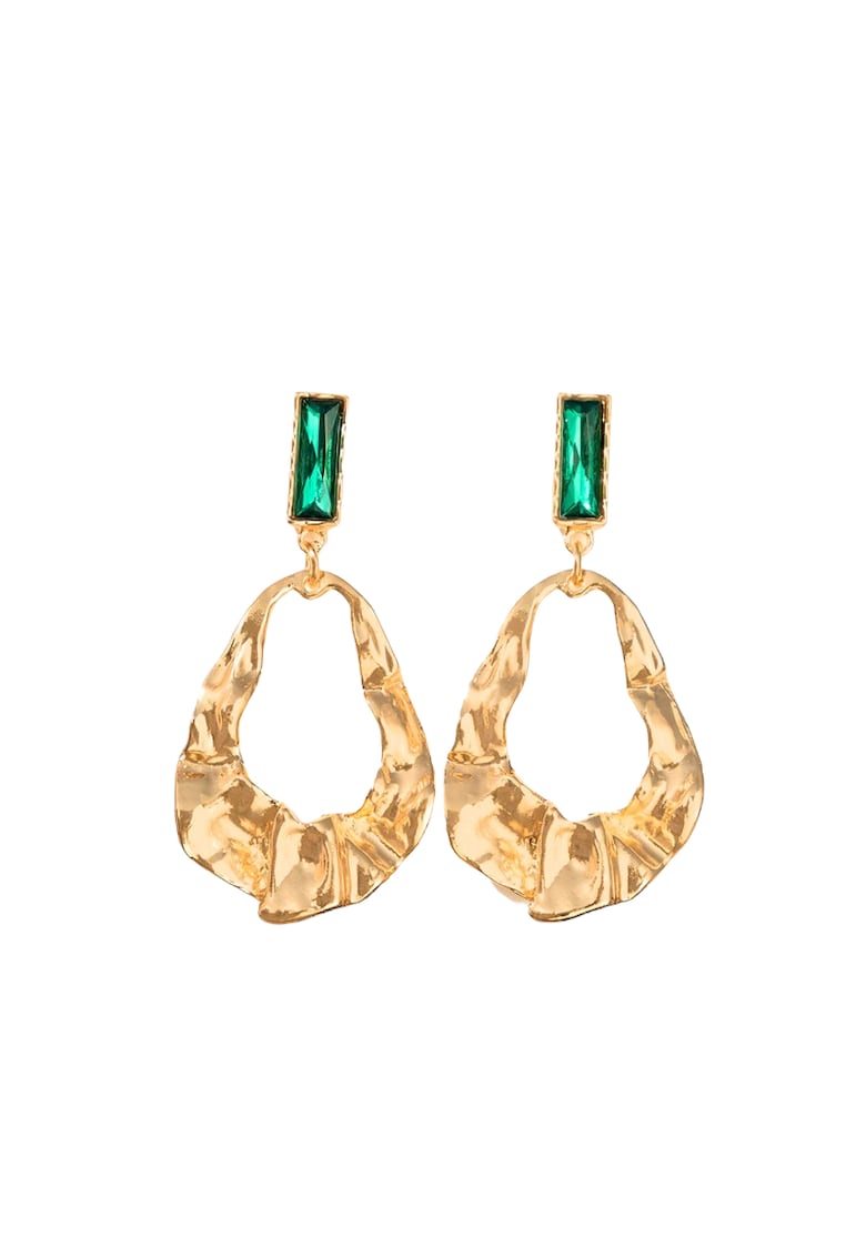 Cercei aurii - cu textura sifonata si pietre verzi - Thana C31 -