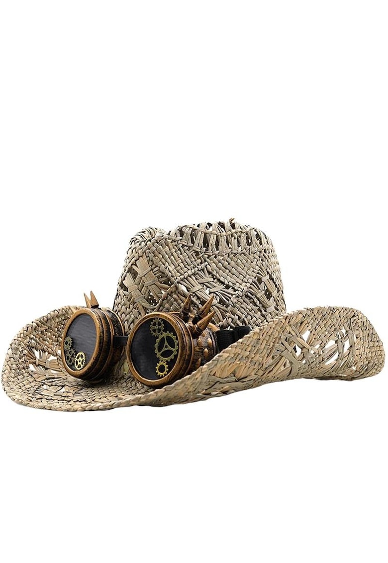 Palarie dama - bej - de vara - stil cowboy - cu ochelari decorativi - Adia -