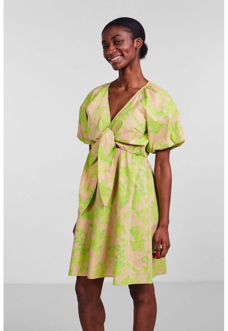 Y.A.S - Rochie din bumbac organic cu maneci bufante Ibiza - Verde/Piersica