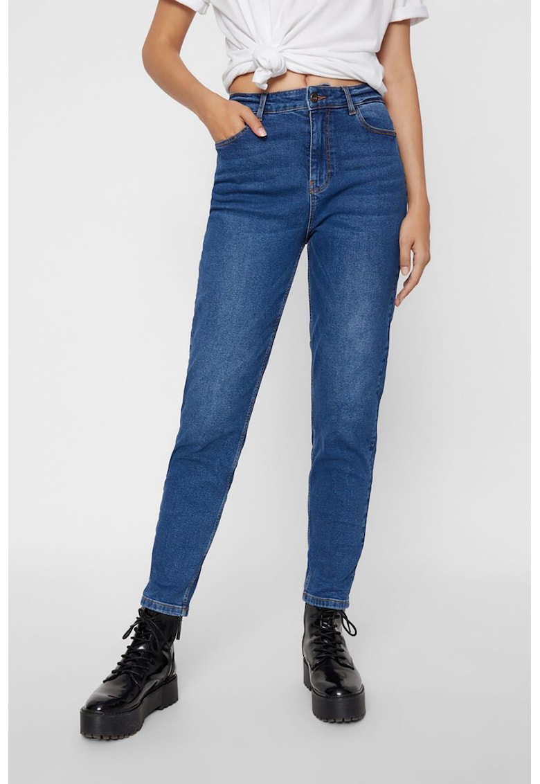Blugi crop mom fit cu talie inalta - Albastru inchis