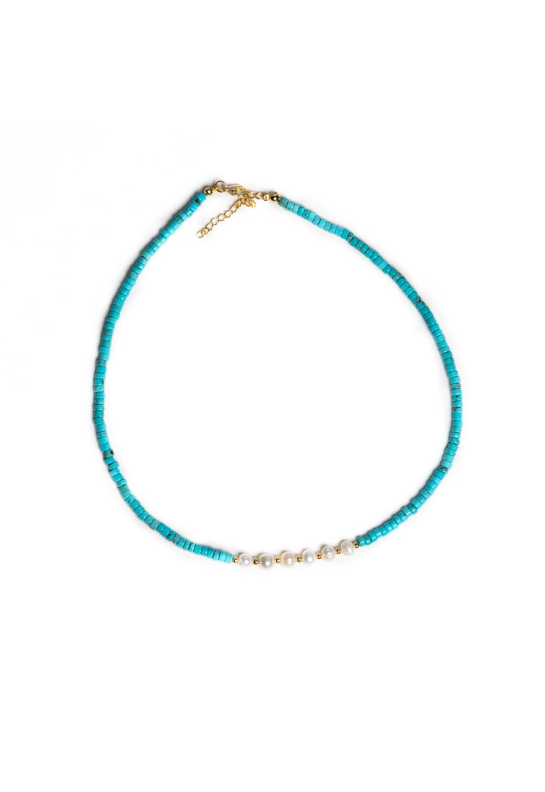Colier choker turcoaz - din piatra naturala Shoushan - Aisoon - cu perle de apa dulce placat cu aur de 18K - 45 cm cu 5 cm