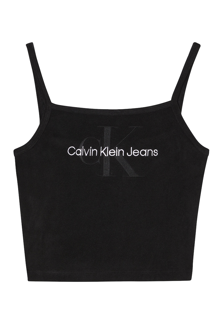 Top crop din material tery cu broderie logo - Negru