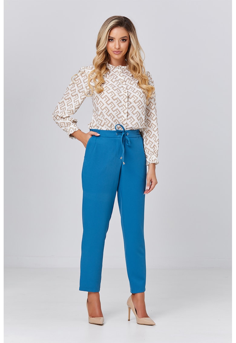 Pantaloni cu talie inalta si snur de ajustare - Albastru inchis