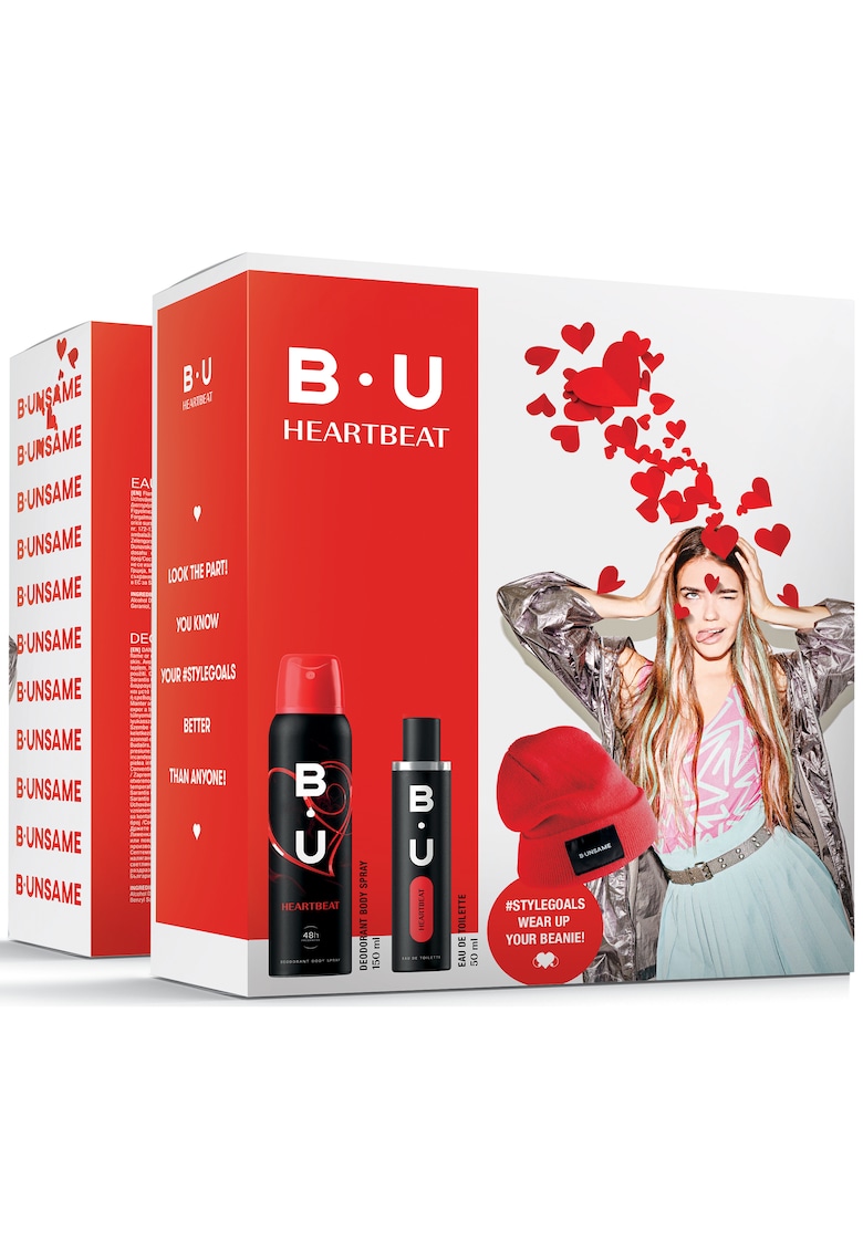 B.u. Set cadou heartbeat - femei: apă de toaletă - 50 ml + deodorant spray pentru corp - 150 ml + căciula cadou