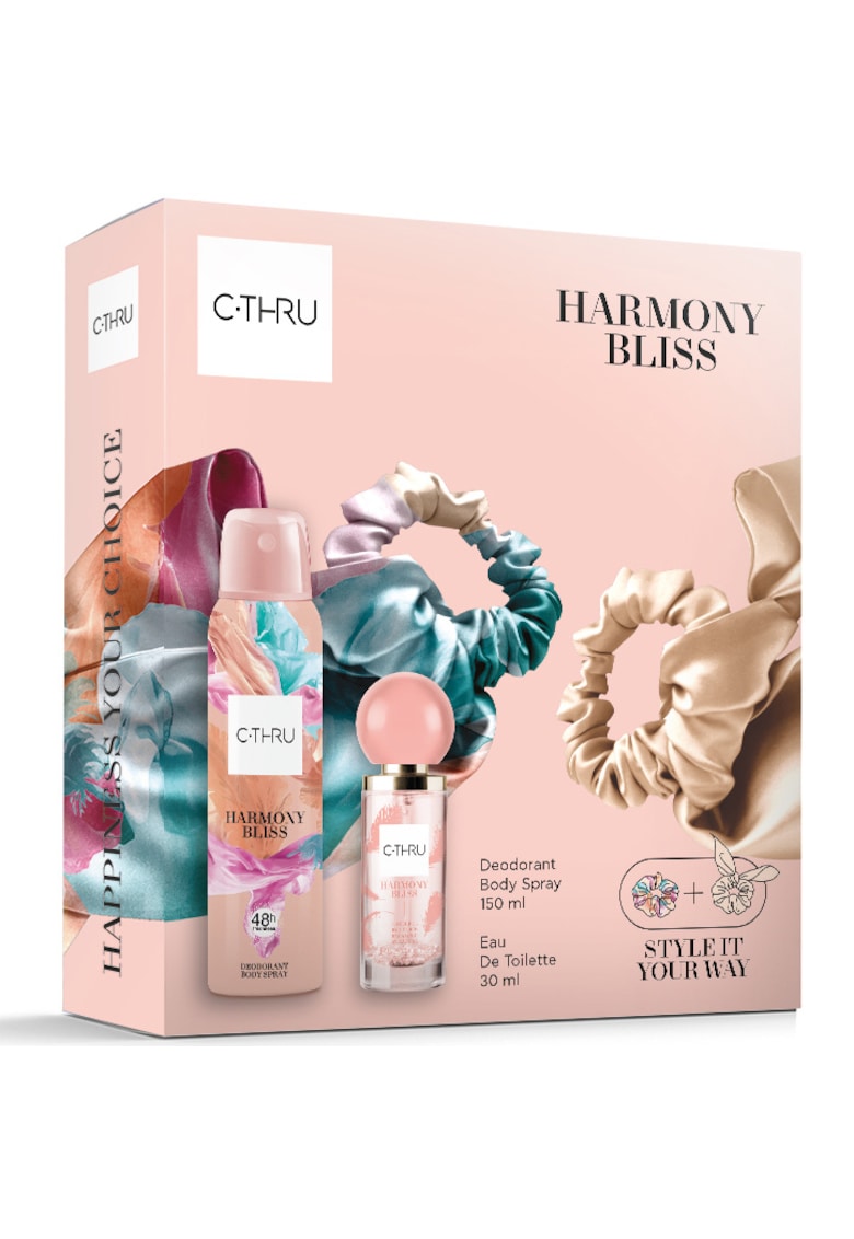 Set cadou  Harmony Bliss - Femei: Apa de toaleta - 30 ml + Deodorant spray pentru corp - 150 ml + Elastice de par cadou Set cadou  Harmony Bliss - Femei: Apa de toaleta - 30 ml + Deodorant spray pentru corp - 150 ml + Elastice de par cadou
