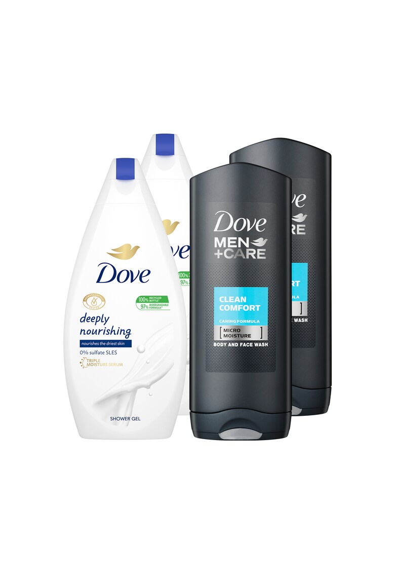 Комплект душ гел  Deeply Nourishing - 500 мл - 2 бр   Душ гел Dove Men Care Clean Comfort - 400 мл - 2 бр