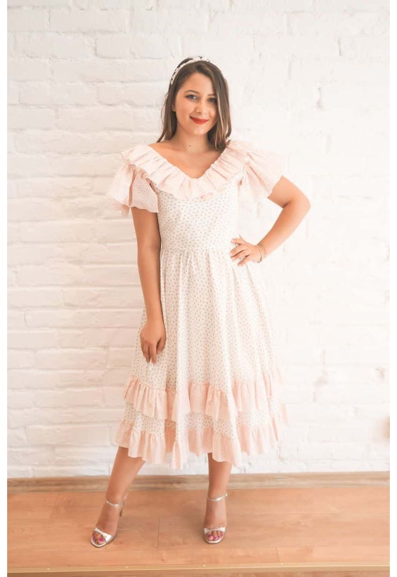 Rochie midi Patricia - alb - roz - Alb/Roz