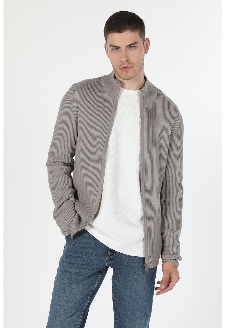 Cardigan slim fit cu fermoar si aspect striat