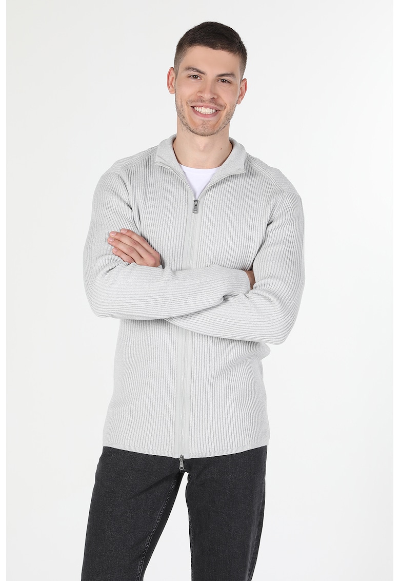 Cardigan slim fit cu fermoar si aspect striat