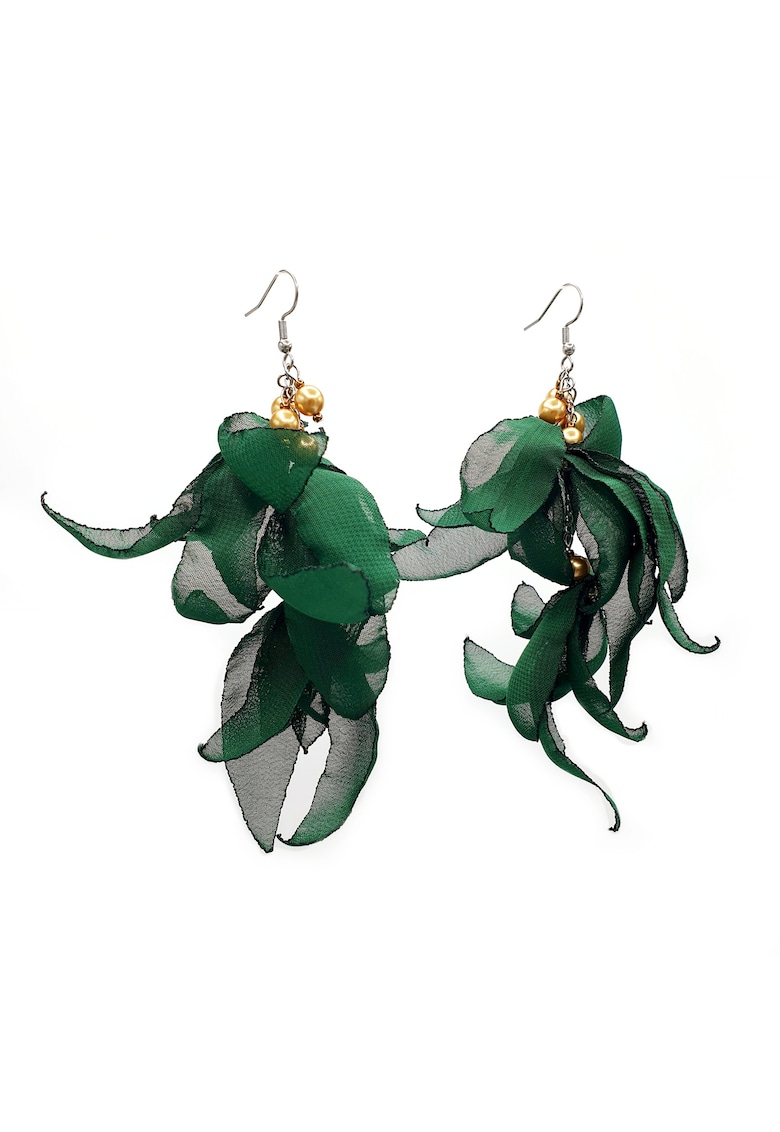 Cercei lungi voluminosi - Zia Fashion - voal - inox - handmade - Verde/Auriu