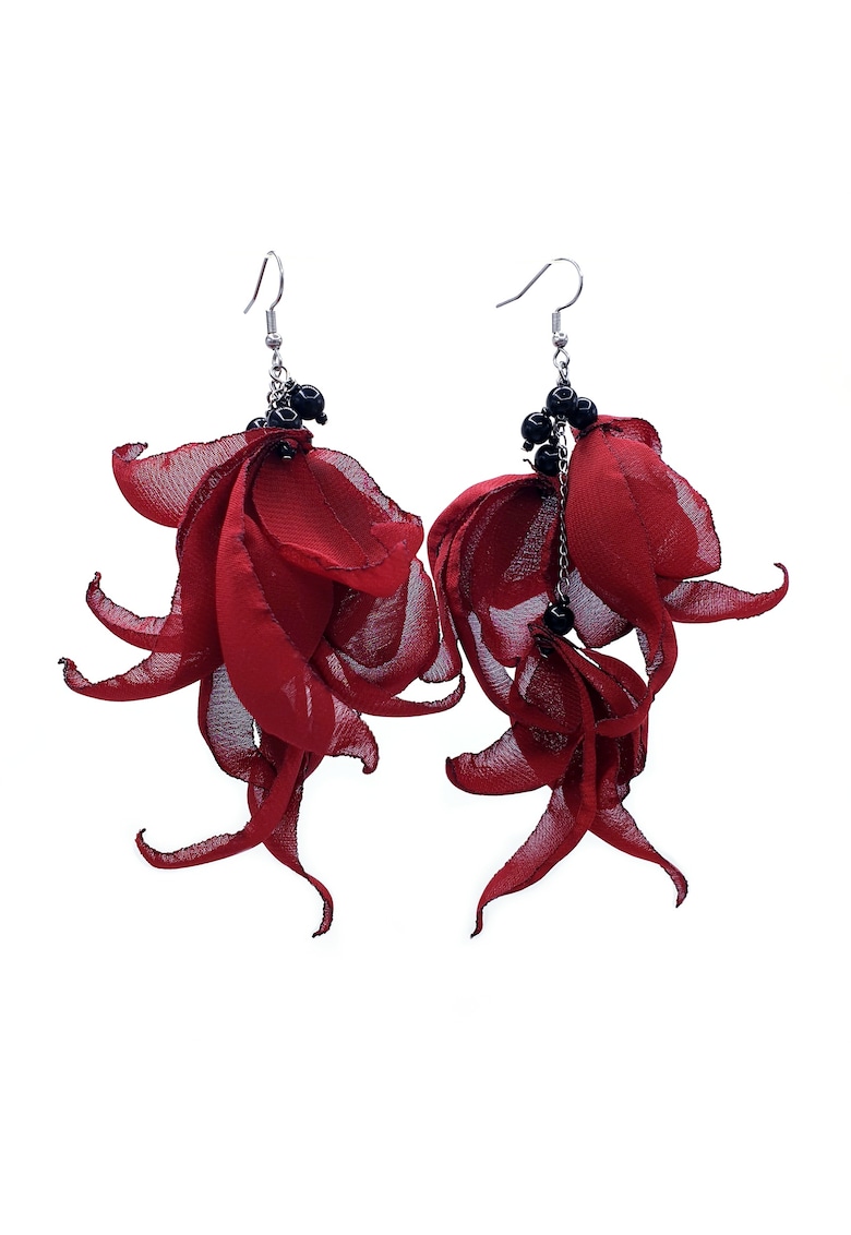 Cercei lungi voluminosi - Zia Fashion - voal - inox - handmade - Visiniu/Negru