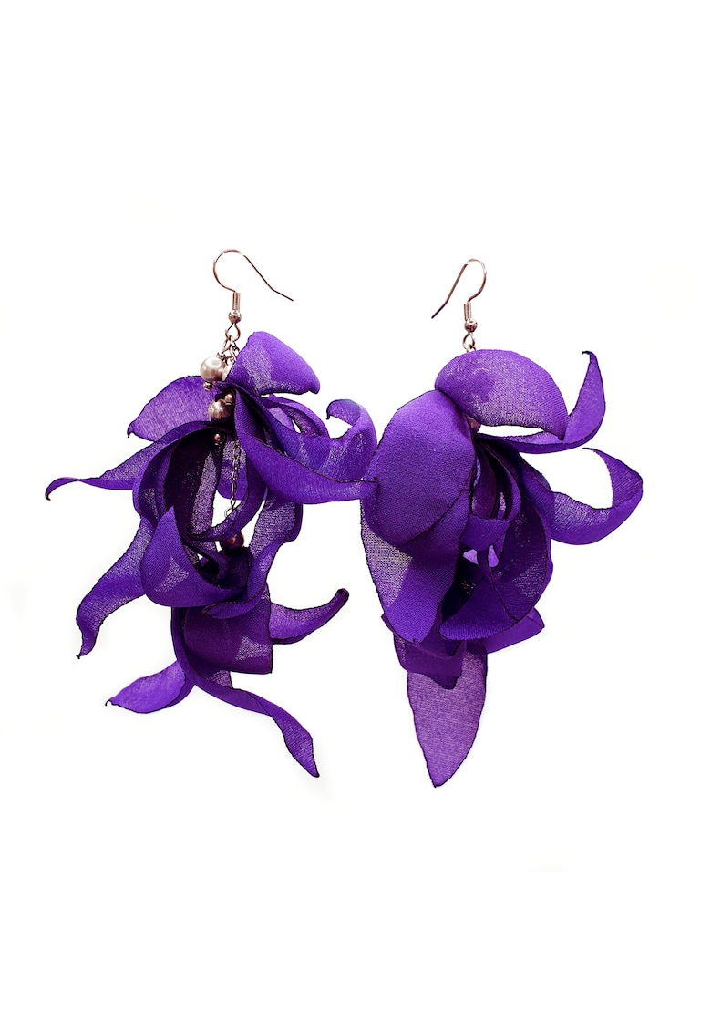 Cercei lungi voluminosi - Zia Fashion - voal - inox - handmade - Mov/Argintiu