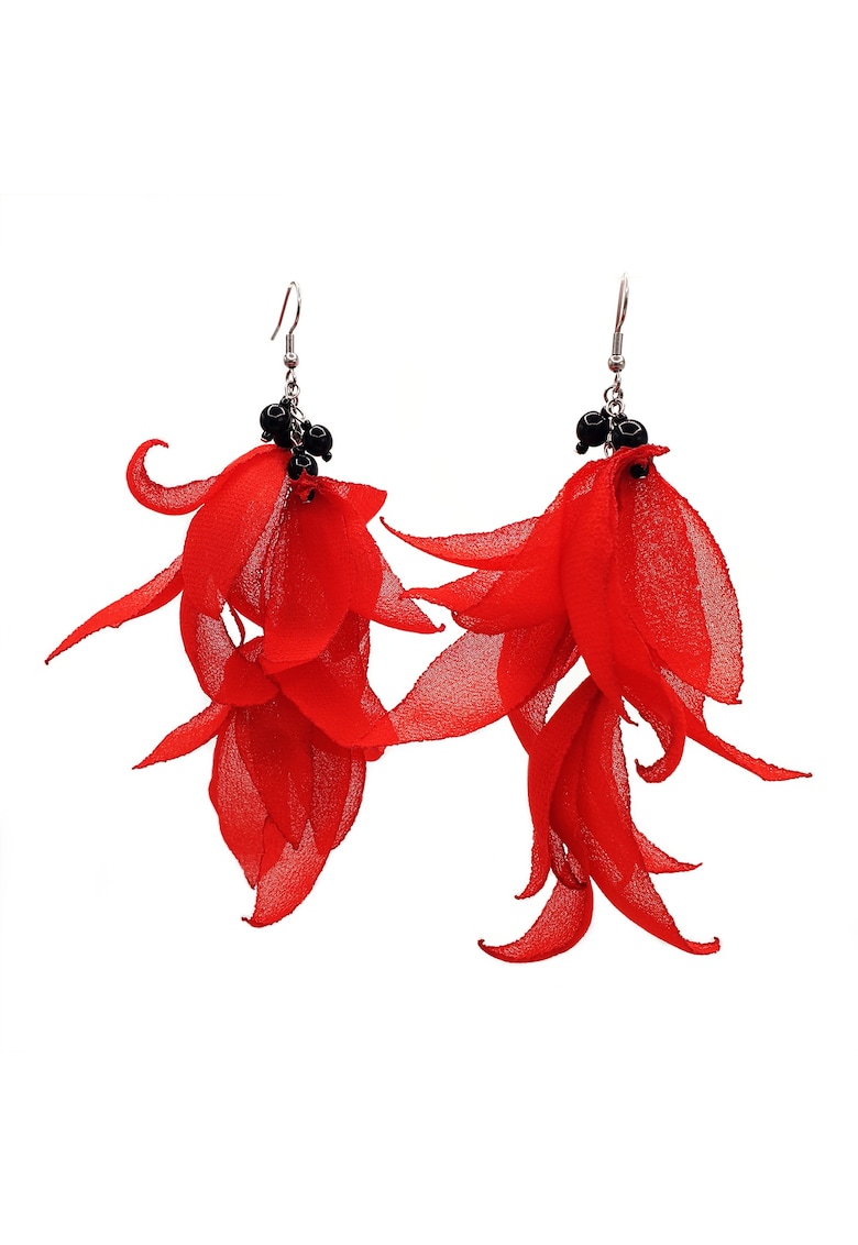 Cercei lungi voluminosi - Zia Fashion - voal - inox - handmade - Rosu/Negru