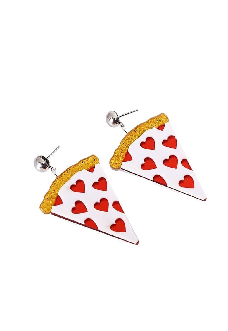 Cercei argintii - forma de felie de pizza - cu inimioare rosii - Axeline C14 -