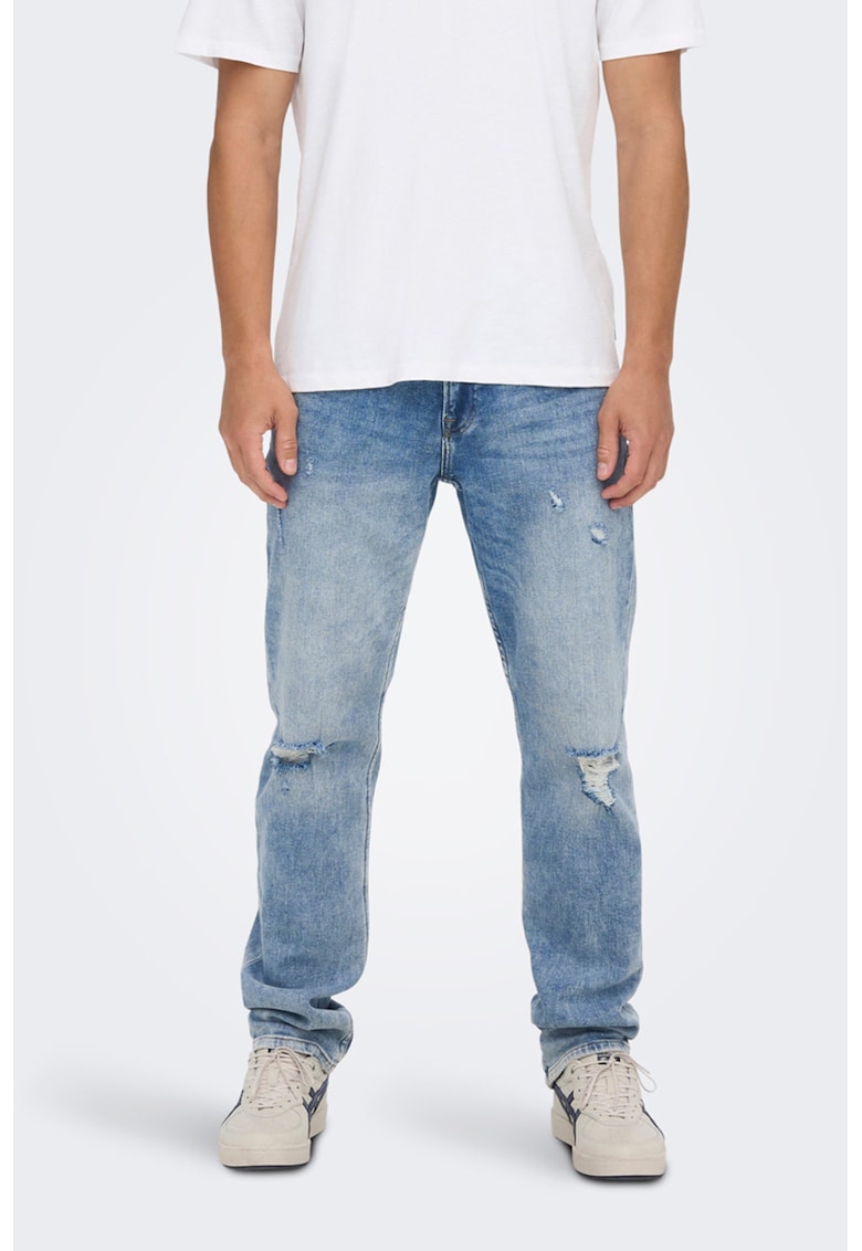 Blugi regular fit cu detalii cu aspect deteriorat - Albastru deschis